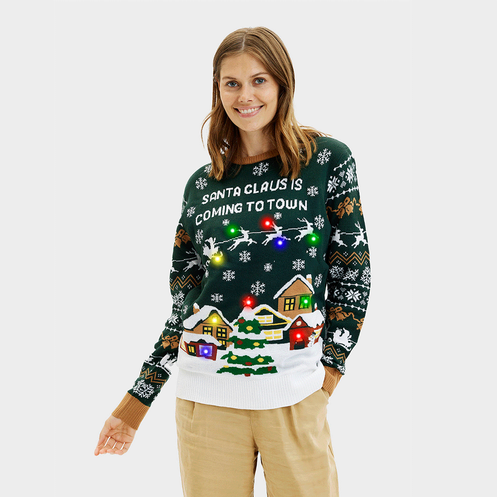 Santa Claus Is Coming To Town LED Green β Women
